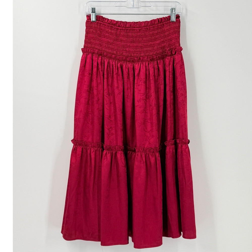 Lulus Whirlwind Romance Jacquard Smocked Tiered satin Midi Skirt sz M whimsigoth